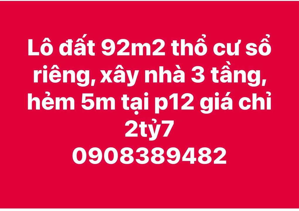 Đất thổ cư 92m² phường 12 Vũng Tàu giá chỉ 2.7 tỷ - Sổ đỏ chính chủ!