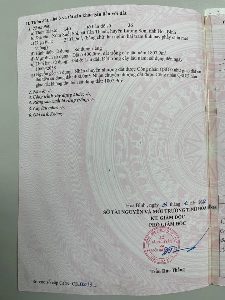 Đất thổ cư 400m² tại Tân Thành, Lương Sơn, Hòa Bình - Giá chỉ 9.48 tỷ!