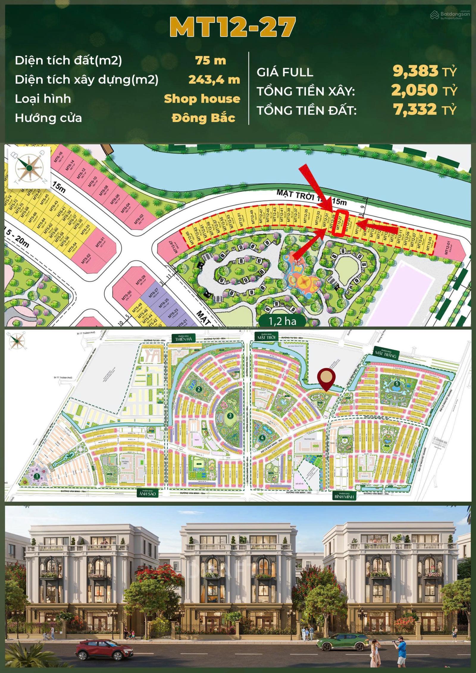 Shophouse MT12 Hải Phòng 75m² giá 8,5 tỷ - Mặt tiền sông, công viên sau nhà!