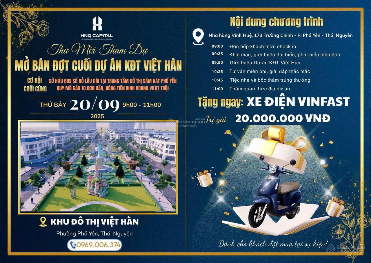 Đất nền KĐT Việt Hàn Phổ Yên 100m² chỉ 2,25 tỷ - Tiềm năng tăng giá 30-50%!