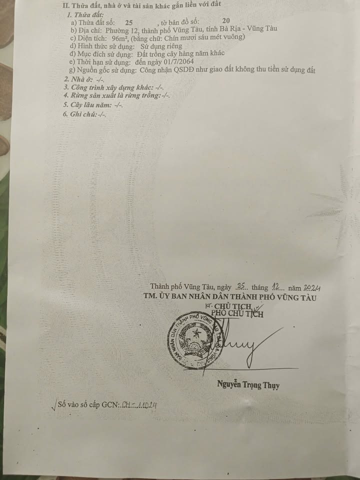 Đất nền hẻm 1216, đường 30/4, Vũng Tàu 96m² giá 2.45 tỷ - Sổ đỏ chính chủ!