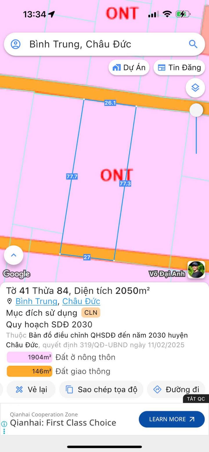 Đất nền Bình Trung, Châu Đức 2000m² giá 3.8 tỷ - Sổ hồng riêng, mặt tiền đường bê tông!