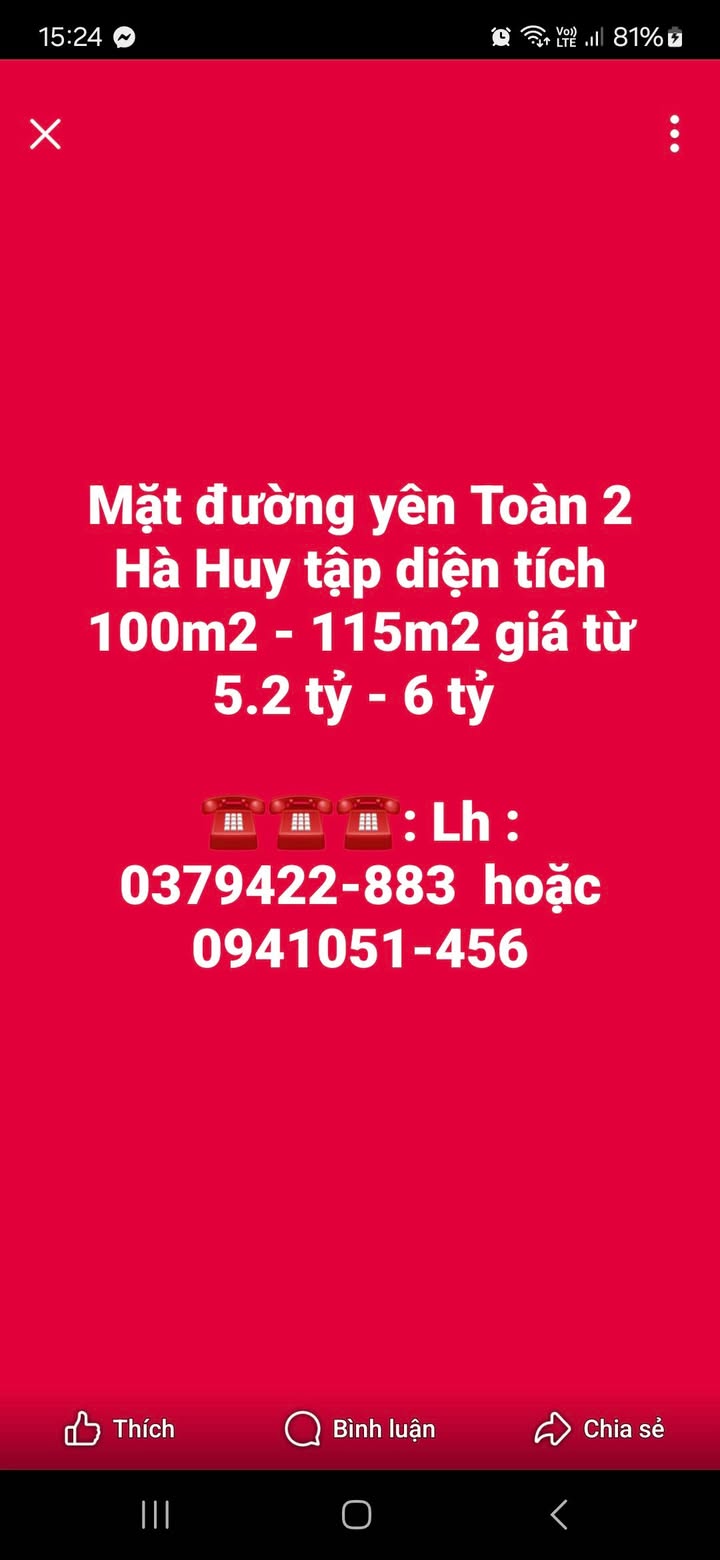 Đất nền đường Yên Toàn 2, phường Hà Huy Tập, 100m² giá 5.2 tỷ - Cơ hội đầu tư hấp dẫn!