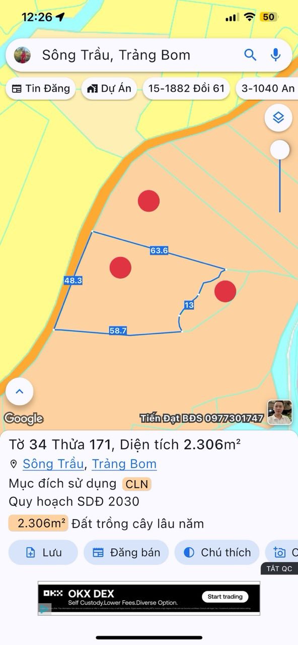 Đất sào Sông Trầu, Trảng Bom 4,8 sào giá 6.6 tỷ - Đường thông rộng rãi!