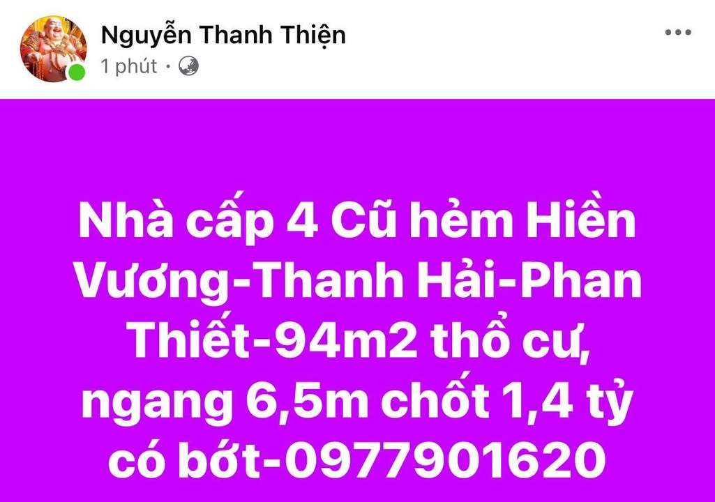 Nhà cấp 4 hẻm Hiền Vương, Thanh Hải 94m² giá 1.4 tỷ - Cơ hội đầu tư hấp dẫn!