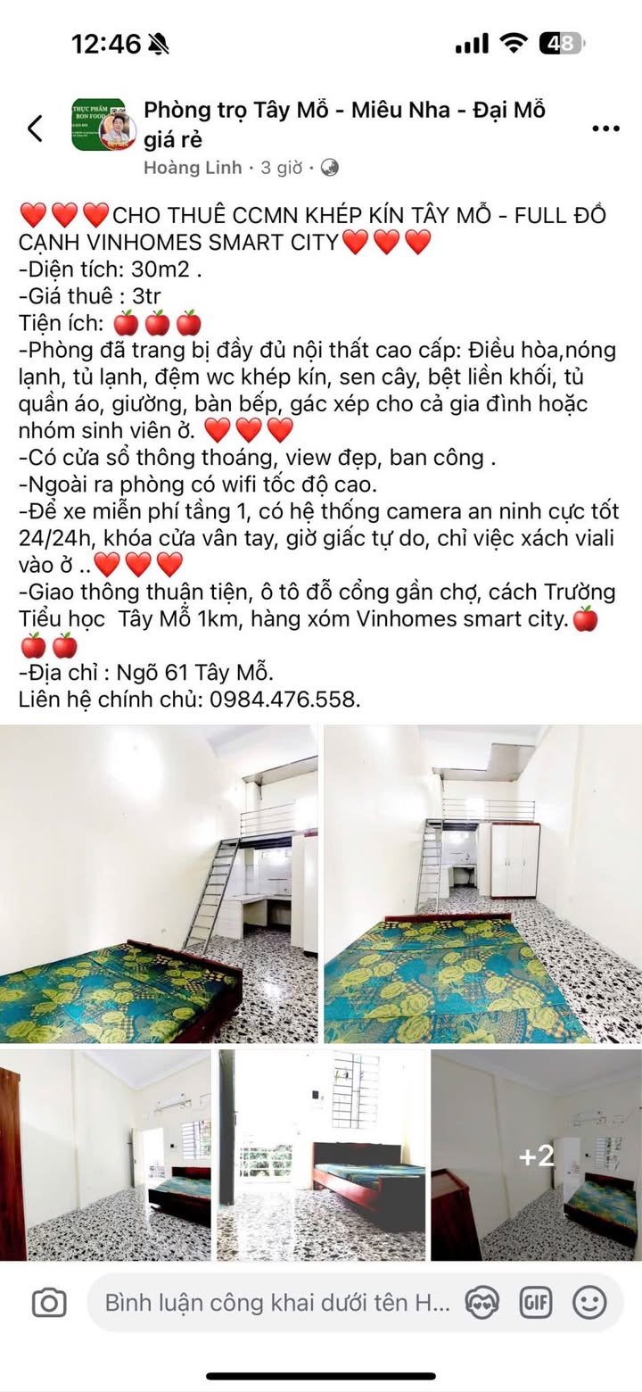 Phòng cho thuê tại Ngõ 61 Tây Mỗ, 30m² chỉ 3 triệu - Sẵn sàng vào ở ngay!