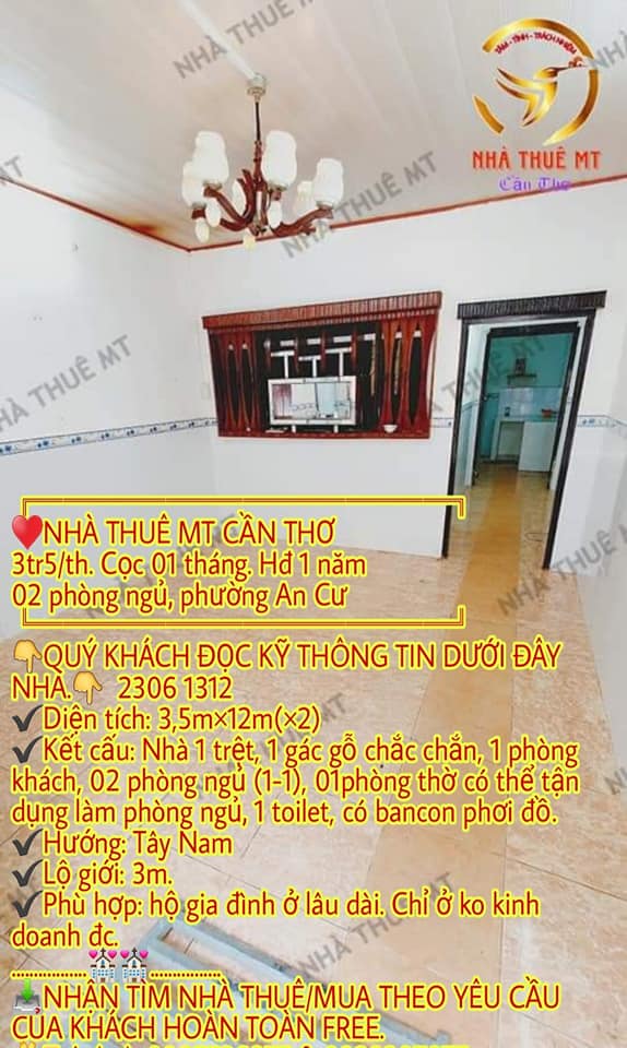 Nhà thuê mặt tiền Cần Thơ 42m² giá chỉ 3.5 triệu - Phù hợp cho hộ gia đình