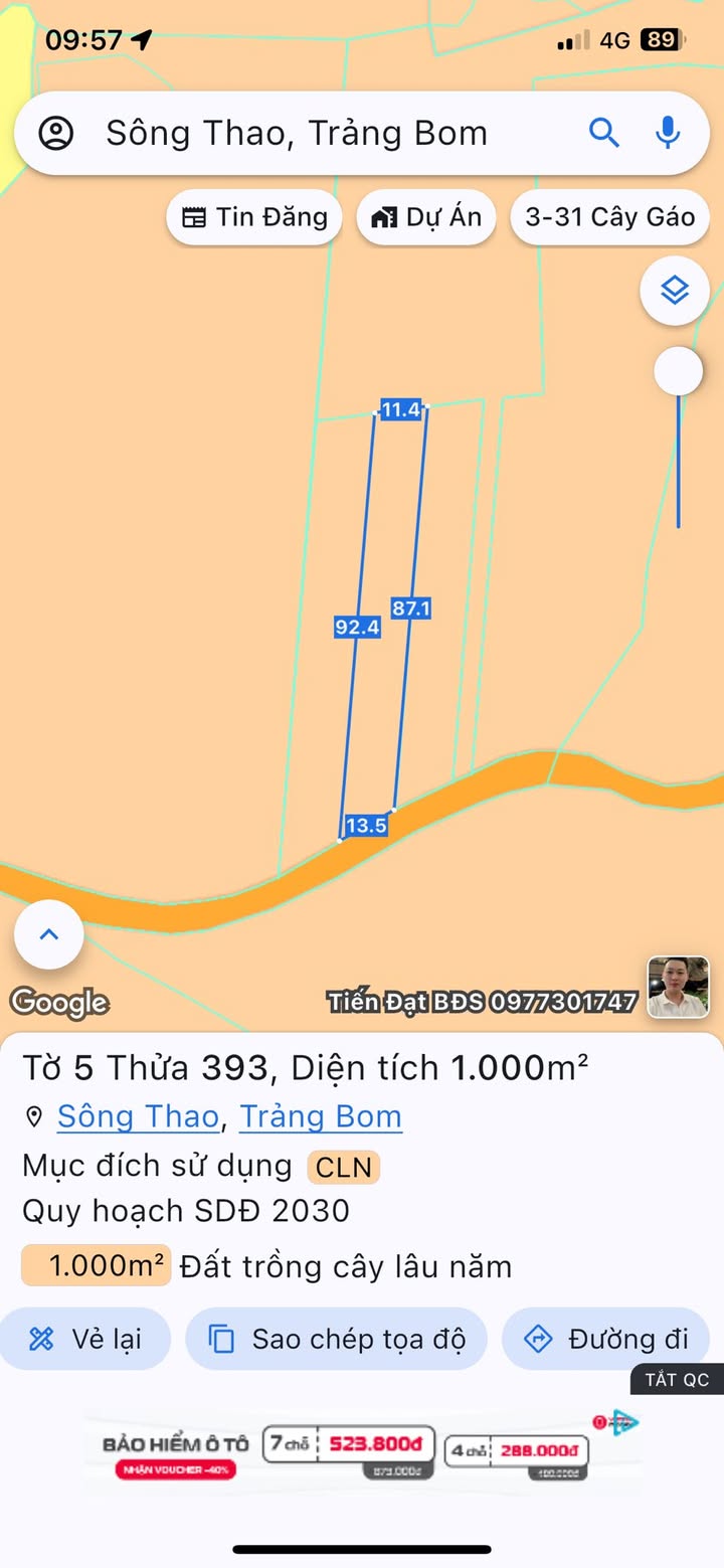 Đất Sào đường Sông Trầu, xã Bàu Hàm 1000m² giá 800 triệu - Cơ hội đầu tư tuyệt vời!