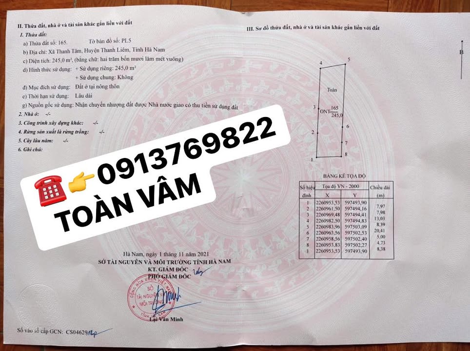 Đất nền Thanh Tâm, Thanh Liêm 242m² giá thỏa thuận - Cơ hội đầu tư tốt!