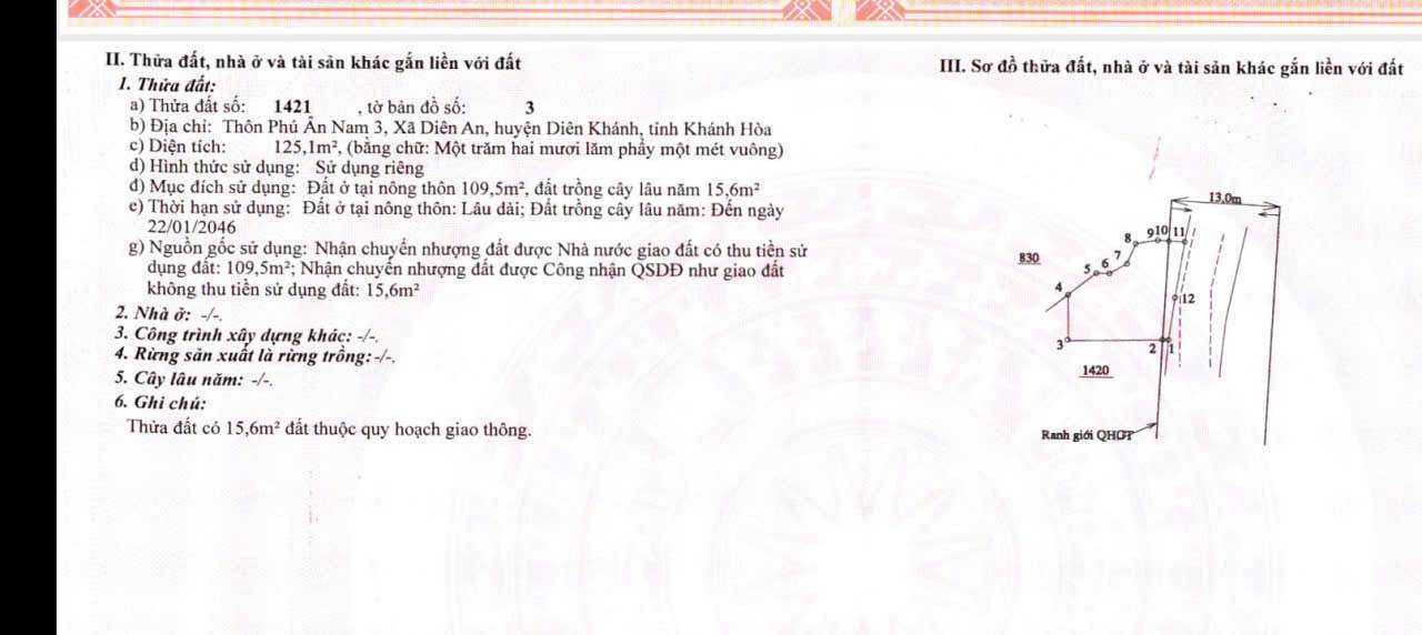 Đất thổ cư Diên An, Diên Khánh 125m² giá đầu tư chỉ 2.062 tỷ - Cơ hội vàng cho bạn!