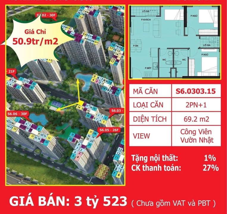 Căn hộ 2PN view công viên Nhật tại Thủ Đức 69m² giá chỉ 3.5 tỷ - Sẵn sàng giao dịch!