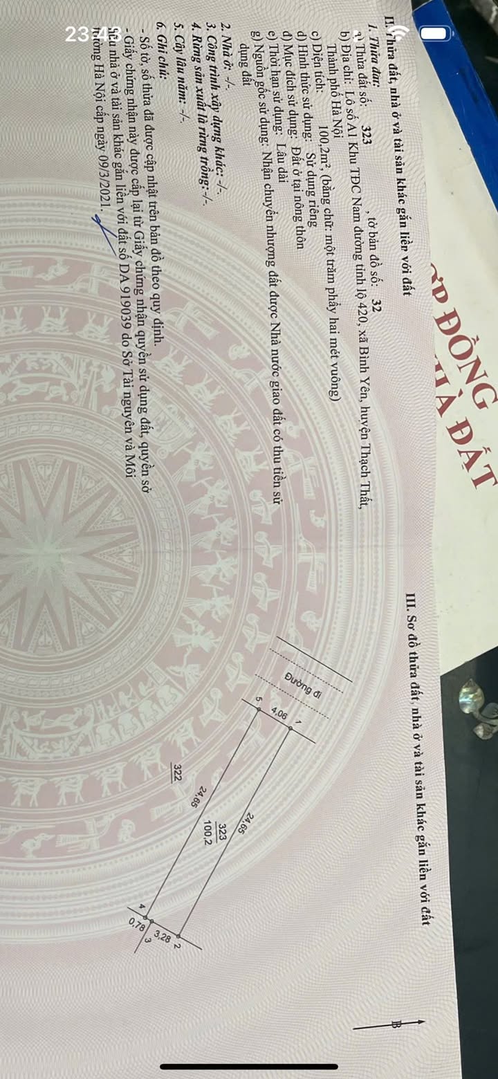 Đất mặt tiền 420, Khu TĐC Bình Yên, Thạch Thất 100m² - Đầu tư sinh lời ngay!