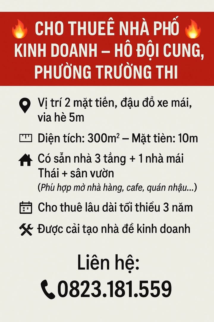 Nhà phố kinh doanh cho thuê tại đường Đội Cung, Thanh Hóa - Diện tích 300m², vị trí 2 mặt tiền