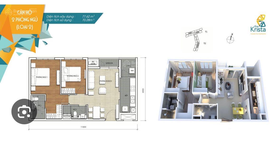Căn hộ 2PN Krista Quận 2 71m² giá 12 triệu - Sẵn sàng vào ở ngay!