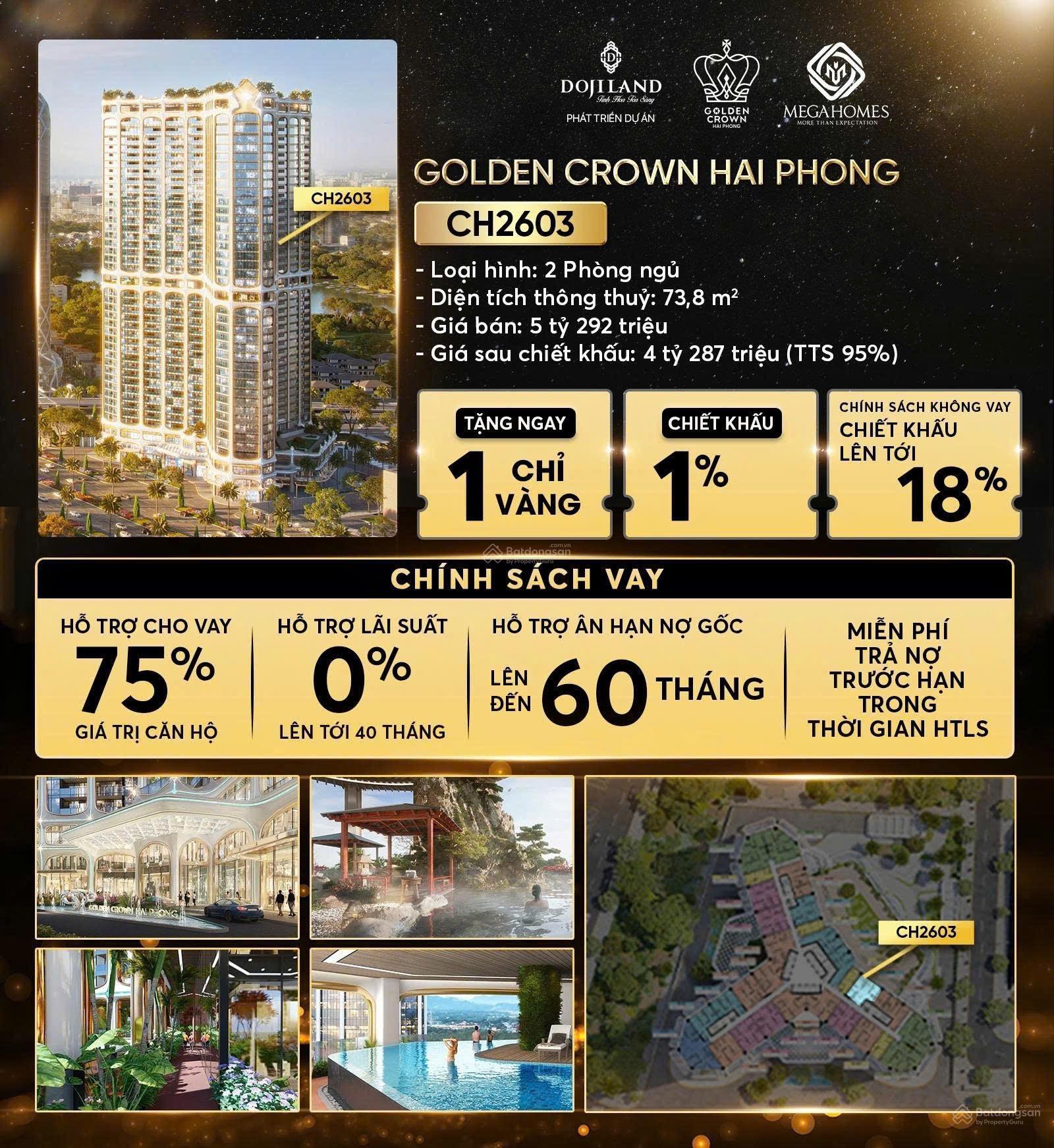 Căn hộ hạng sang Golden Crown Hải Phòng 73.8m² giá 4.287 tỷ - Không thể bỏ lỡ!