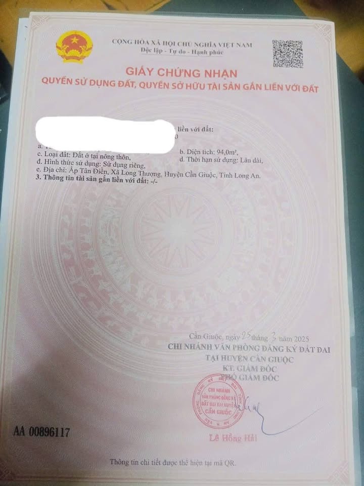 Đất thổ cư hẻm 1/xẹt đường Nguyễn Thị Chanh, Long Thượng 95m² giá 1.29 tỷ - Sổ đỏ chính chủ