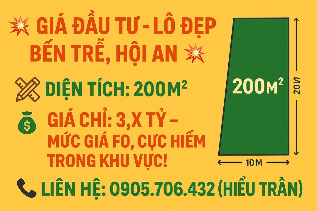 Đất nền Bến Trễ Hội An 200m² giá chỉ 3 tỷ - Cơ hội đầu tư hiếm có!