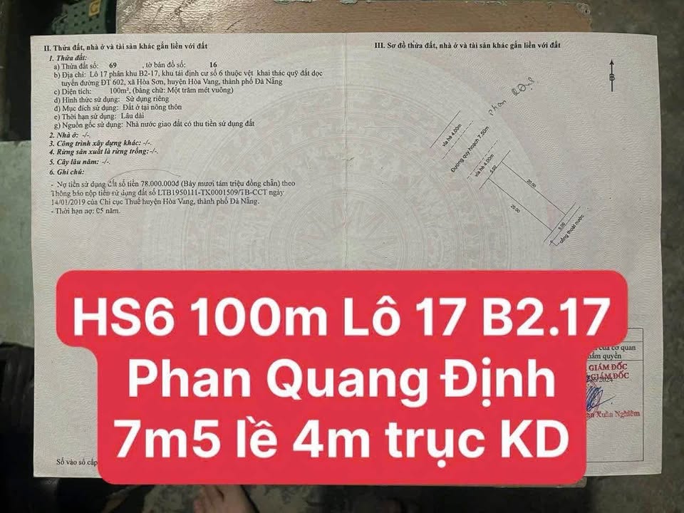 Lô đất mặt tiền Phan Quang Định, Hòa Sơn, 100m² giá 3 tỷ - Đầu tư sinh lời ngay!
