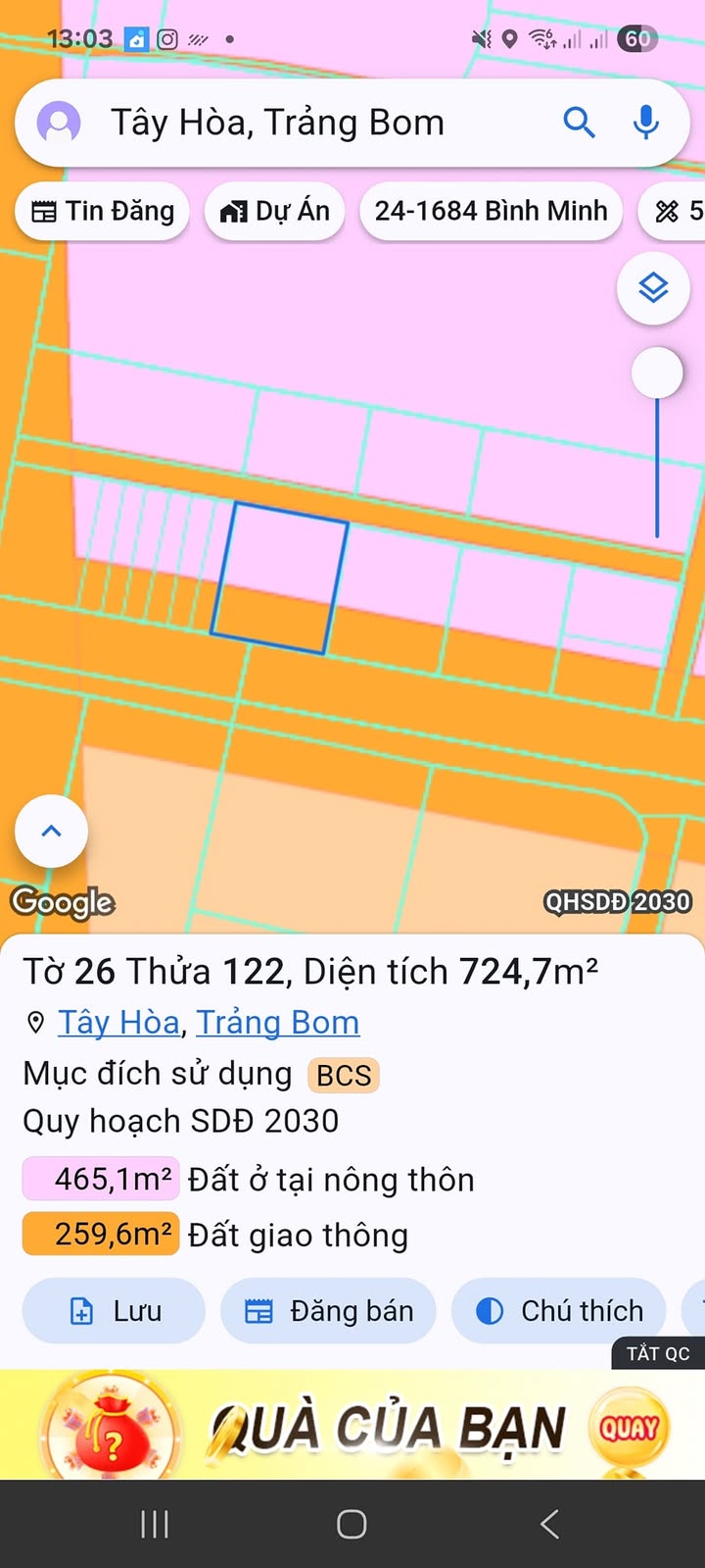 Đất phân lô Tây Hòa Trảng Bom 1450m² giá tốt - Cơ hội đầu tư hấp dẫn!