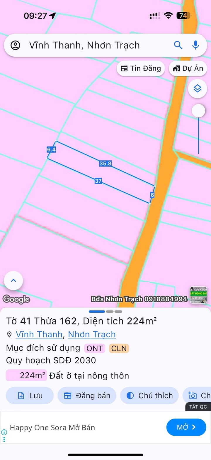 Đất nền Vĩnh Thanh Nhơn Trạch 224m² giá 2.688 tỷ - Đường ô tô vào tận nơi!