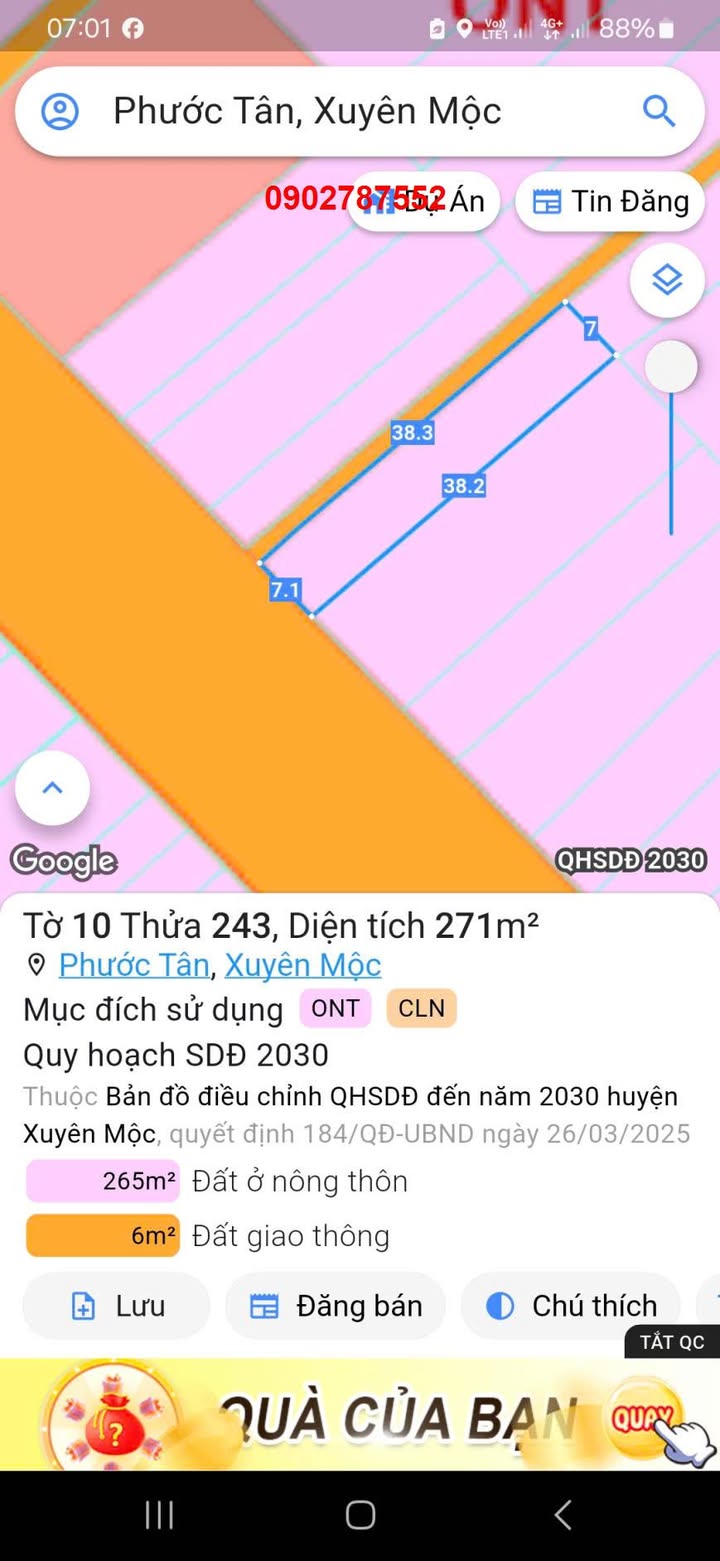 Đất mặt tiền tỉnh lộ 328 Xuyên Mộc 266m² giá 520 triệu - Đầu tư sinh lời ngay!
