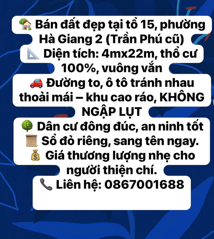 Đất nền tổ 15, phường Hà Giang 88m² - Sổ đỏ chính chủ, giá thương lượng nhẹ!