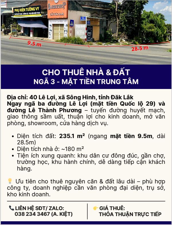 Cho thuê nhà & đất tại 40 Lê Lợi, Đăk Lắk - Mặt tiền sầm uất, thuận lợi kinh doanh!