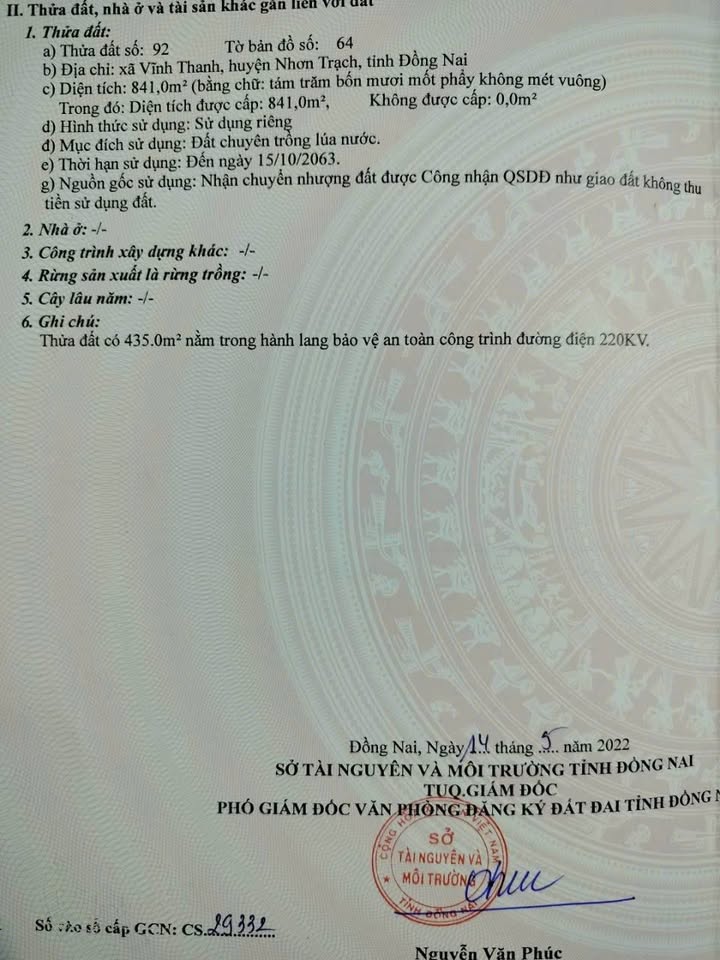 Đất nền xã Vĩnh Thanh, Nhơn Trạch 841m² giá chỉ 450 triệu - Cơ hội đầu tư tuyệt vời!