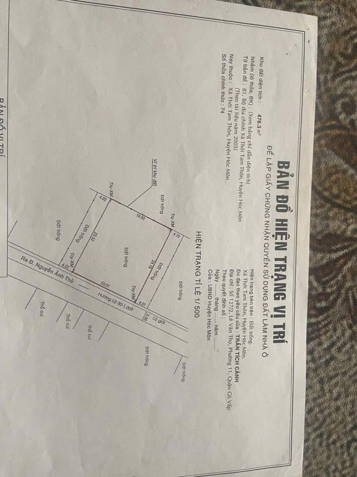 Đất chính chủ 476,3m² Thới Tam Thôn, Hóc Môn - Giá chỉ 40.48 tỷ, đầu tư sinh lời!