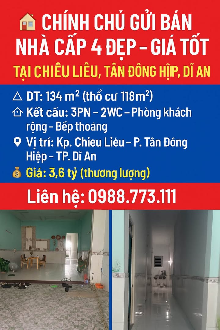 Nhà cấp 4 tại Chiêu Liêu, Tân Đông Hiệp, Dĩ An 134m² giá 3.6 tỷ - Cơ hội vàng cho gia đình!