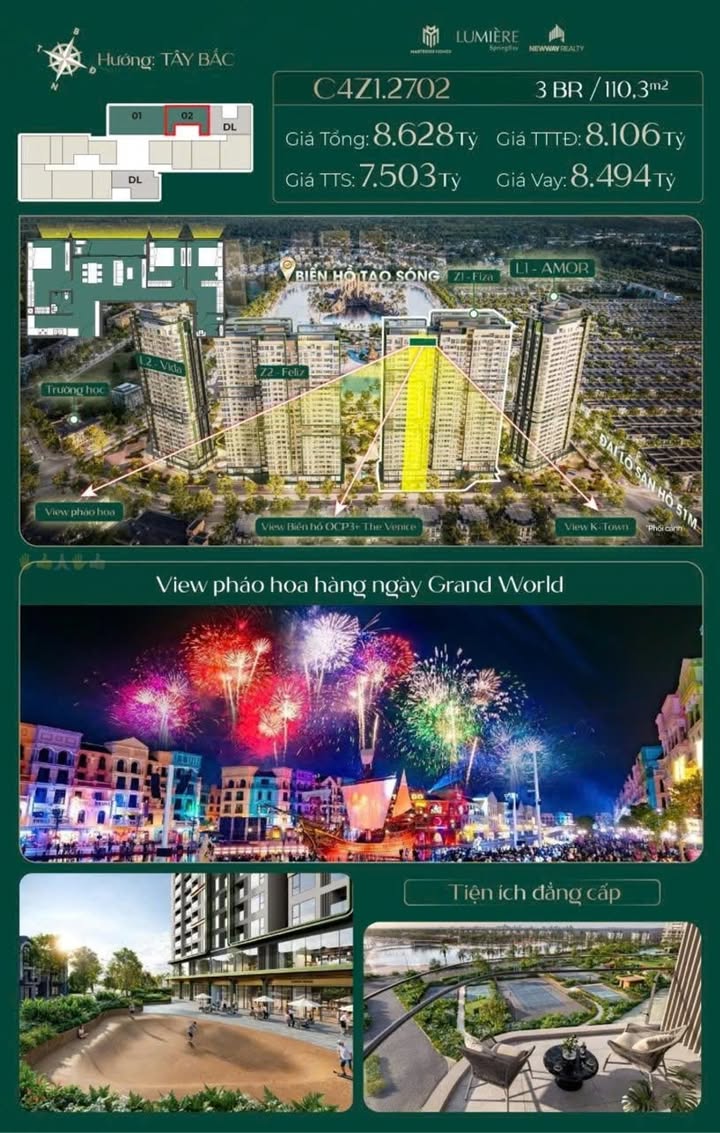 Căn hộ tầng cao Lumiere SpringBay 110m² giá 8.6 tỷ - View sông Venice và pháo hoa mỗi ngày!