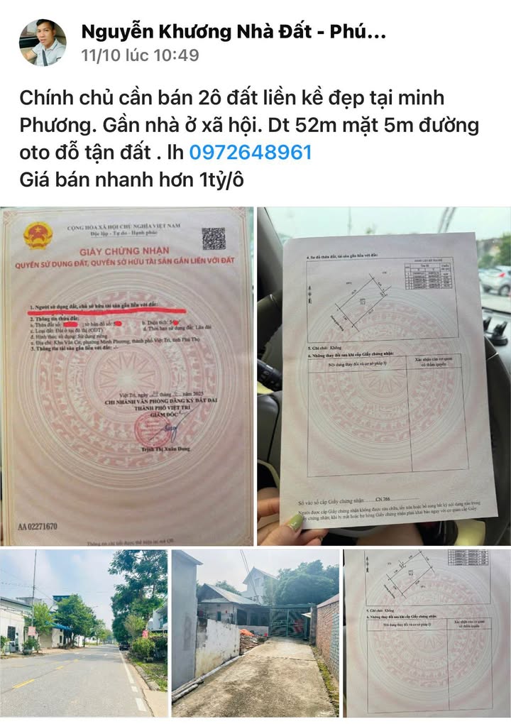 Đất nền Minh Phương 52m² giá 1 tỷ - Sổ hồng chính chủ, ô tô đỗ tận nơi!