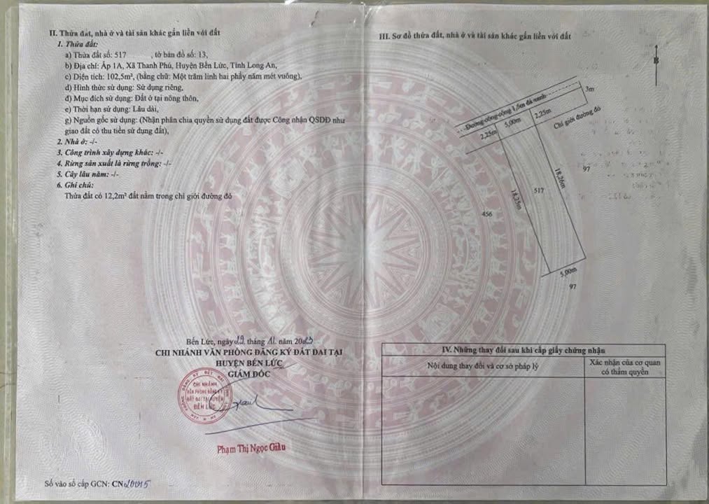 Đất thổ cư Xã Thanh Phú Bến Lức 102,5m² giá chỉ 950 triệu - Cơ hội đầu tư tuyệt vời!
