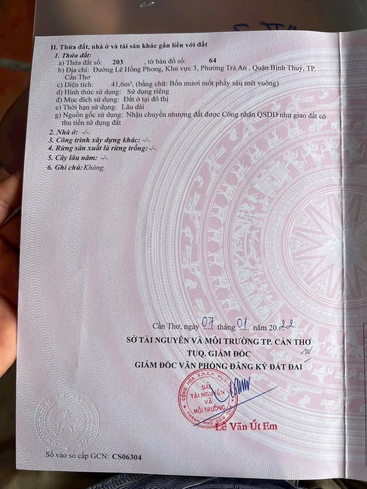 Đất nền chính chủ đường Lê Hồng Phong, quận Bình Thủy 41.6m² giá 830 triệu - Cơ hội đầu tư hấp dẫn!