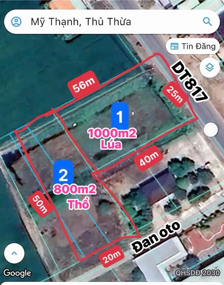 Đất thổ cư 800m² + 1000m² lúa DT817 xã Mỹ Thạnh, Thủ Thừa - Kinh doanh thuận lợi!