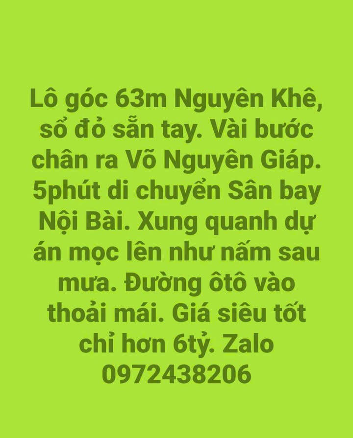 Đất nền lô góc 63m² Nguyên Khê giá chỉ 6 tỷ - Sổ đỏ chính chủ sẵn sàng!