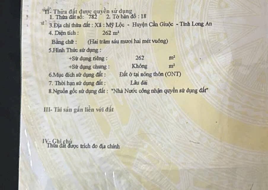 Đất thổ cư Mỹ Lộc, Cần Giuộc, Long An 262m² giá 999 triệu - Đầu tư sinh lời tuyệt vời!