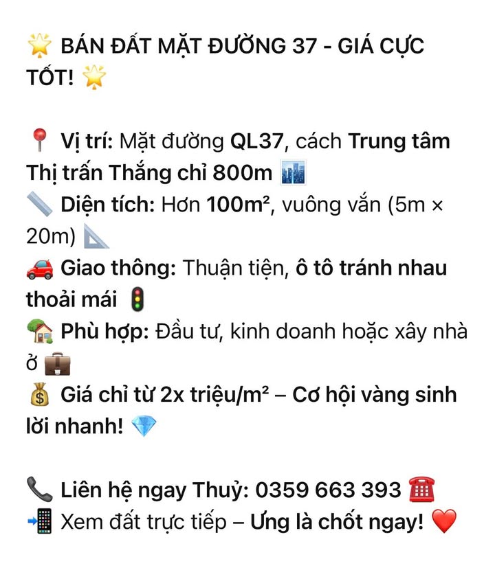 Đất mặt đường Quốc lộ 37 Hiệp Hòa 100m² giá 2 tỷ - Cơ hội đầu tư tuyệt vời!