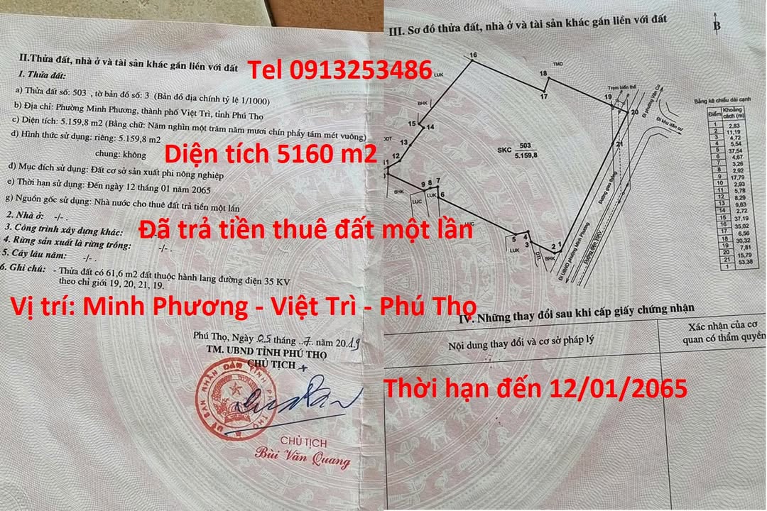 Đất sản xuất 5.160m² tại Minh Phương, Việt Trì - Sổ đỏ chính chủ, giá thỏa thuận!