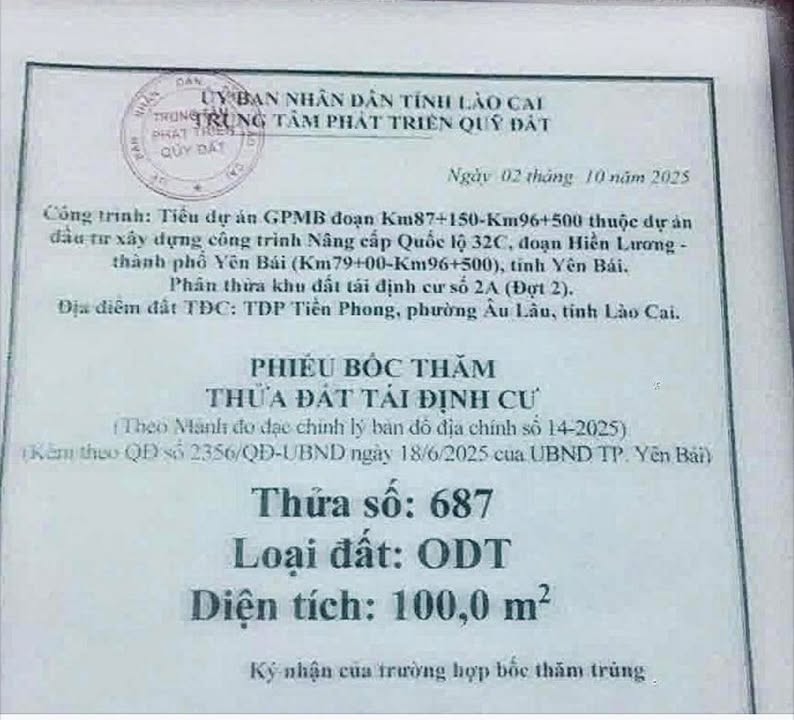 Lô đất đẹp 100m² 2 mặt tiền tại khu tái định cư 2A, phường Âu Lâu - Cơ hội đầu tư sinh lời!