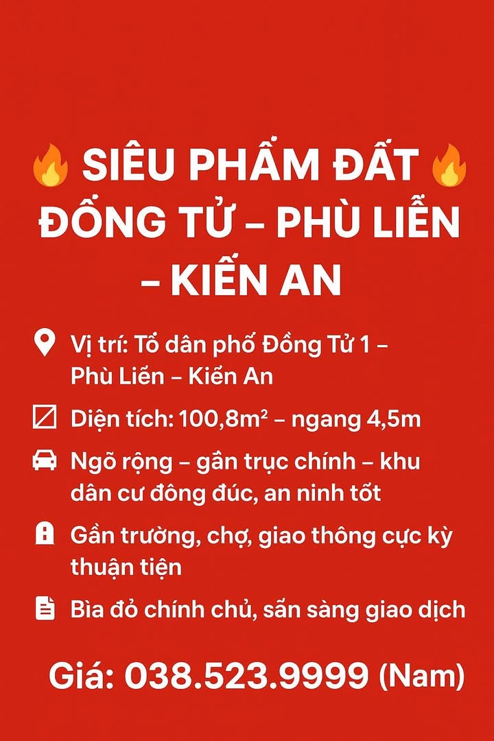 Đất nền Phù Liễn, Kiến An 100,8m² - Sổ đỏ chính chủ, giá thỏa thuận!
