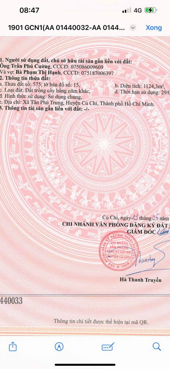 Đất vườn 1124m² Tân Phú Trung, Củ Chi - Giá 5.39 tỷ, chính chủ bán gấp!