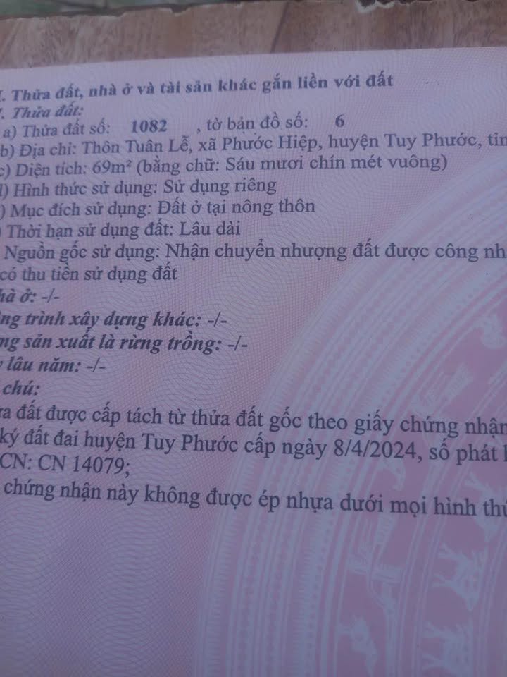 Đất nền phường Phước Hiệp, huyện Tuy Phước 69m² - Cơ hội đầu tư tốt!