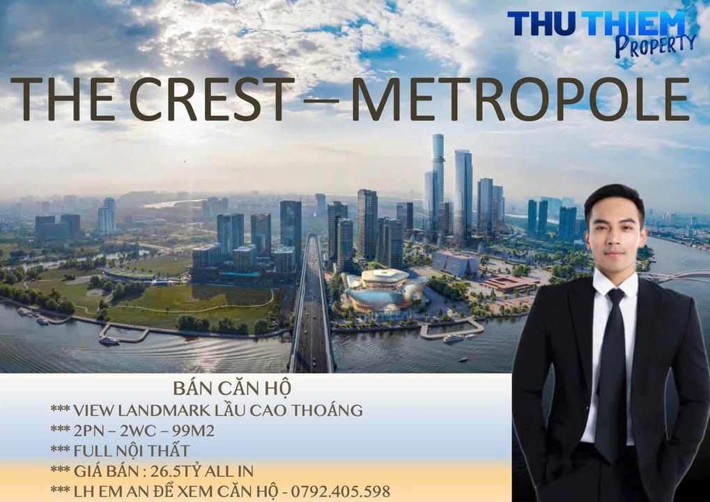 Căn hộ 2PN The Crest Metropole Thủ Thiêm 99m² giá 26.5 tỷ - View sông Sài Gòn tuyệt đẹp!