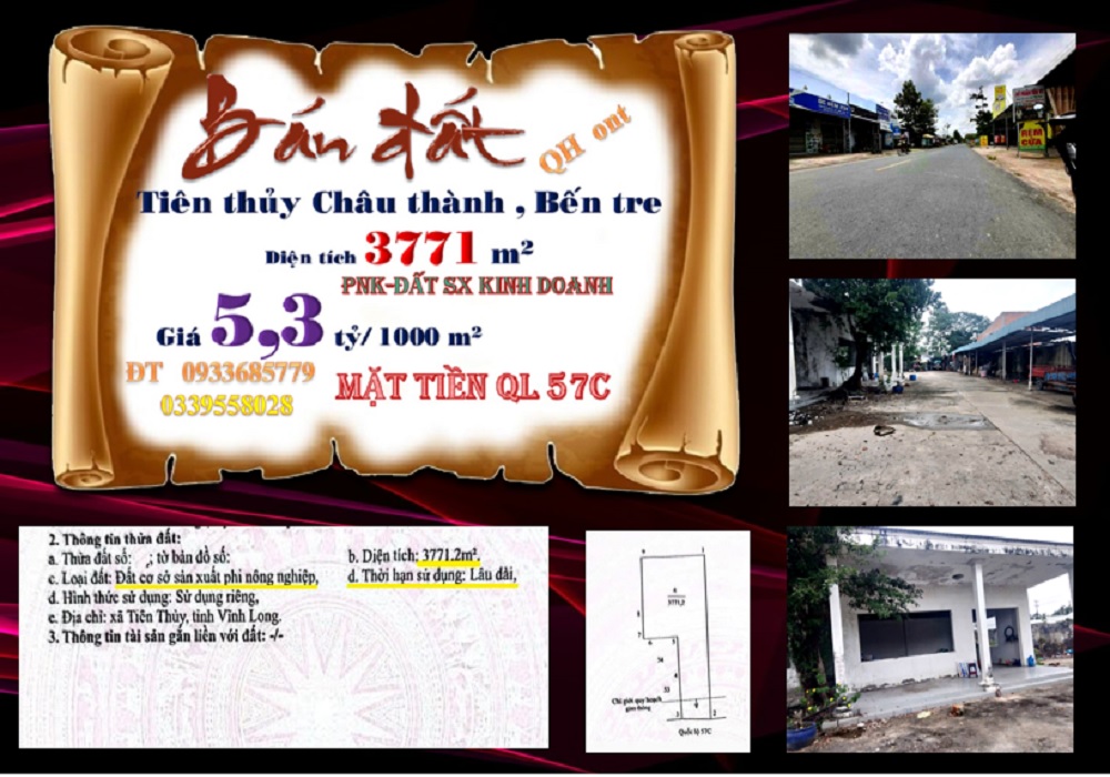 Bán đất Tiên Thủy, Châu Thành, Bến Tre 3771m² - Mặt tiền QL 57B, giá 20 tỷ