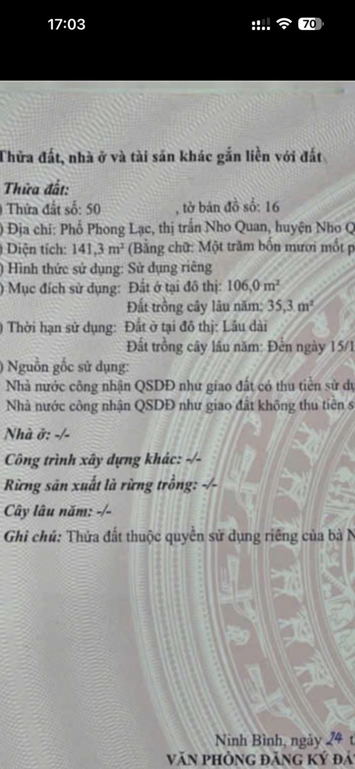 Đất 2 mặt tiền Nho Quan 141m² giá tốt - Cơ hội đầu tư sinh lời!