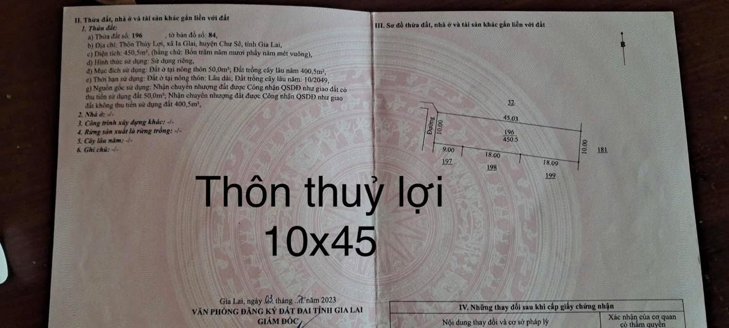 Đất thổ cư 450m² tại thôn Thủy Lợi, Chư Sê - Giá chỉ 250 triệu VND!