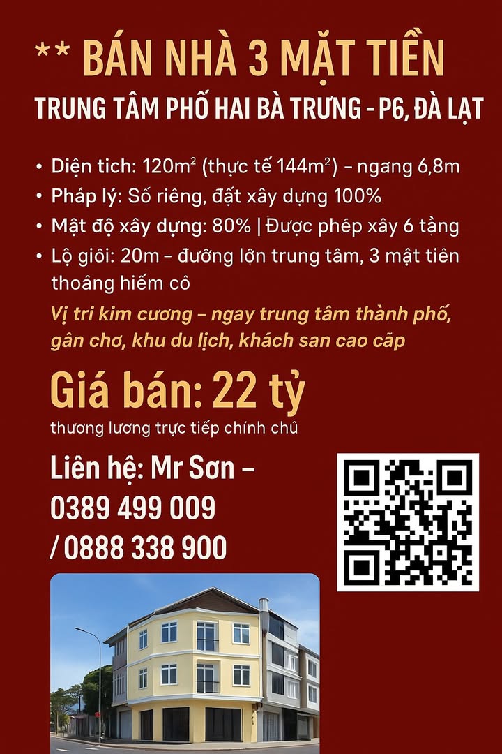Bán nhà mặt tiền 3 mặt – Đường Hai Bà Trưng, Đà Lạt 120m² – Đầu tư sinh lời ngay!