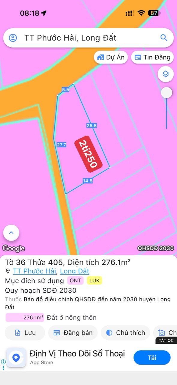 Đất nền đường Phước Hải, Long Đất, 276m² giá 2.25 tỷ - Lô góc 2 mặt tiền hấp dẫn!