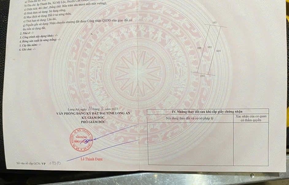 Đất thổ cư 461m² khu phố Thanh Ba, Mỹ Lộc, Cần Giuộc - Giá chỉ 1.75 tỷ!